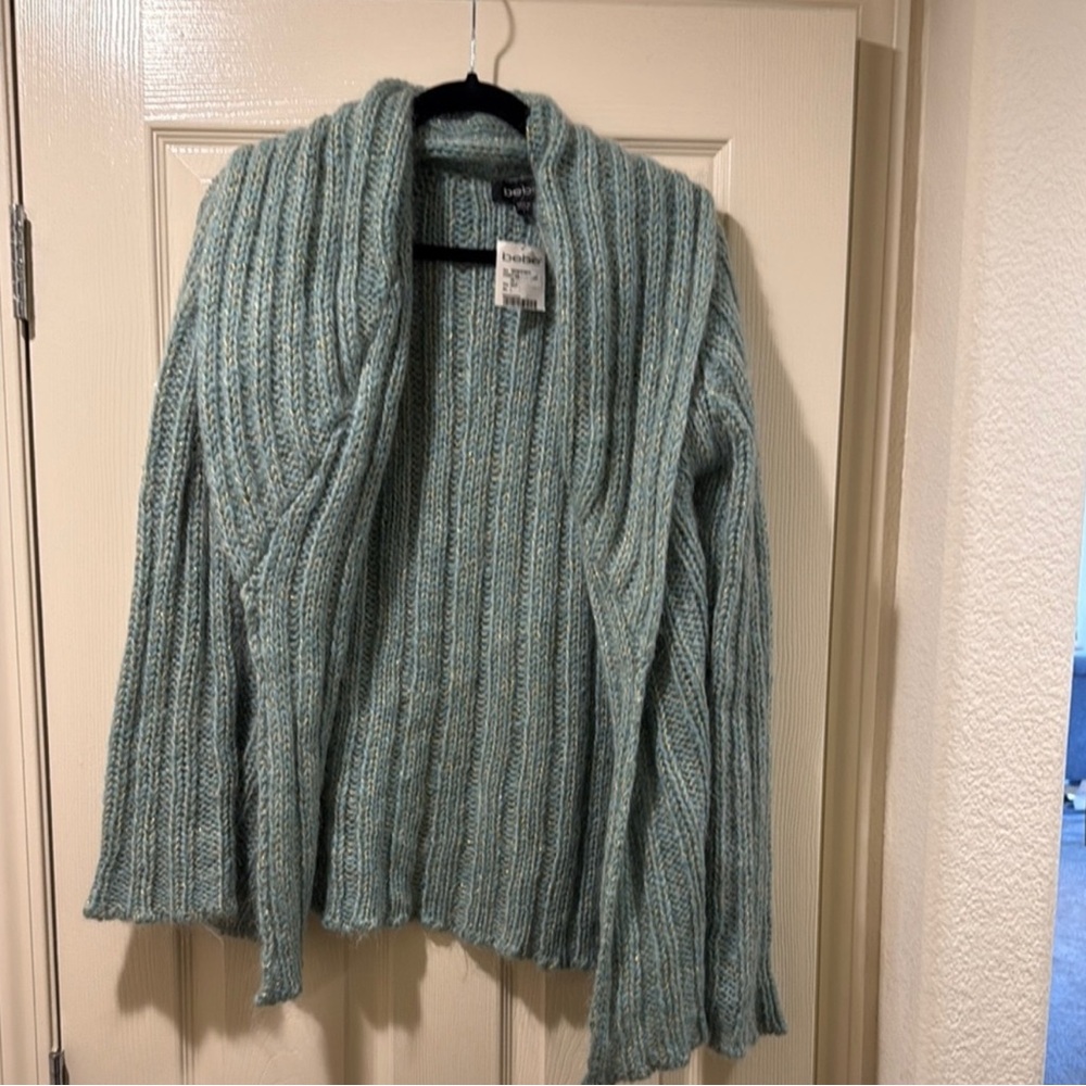 bebe Green Ribbed Open Front Cardigan Sweater Size L NWT